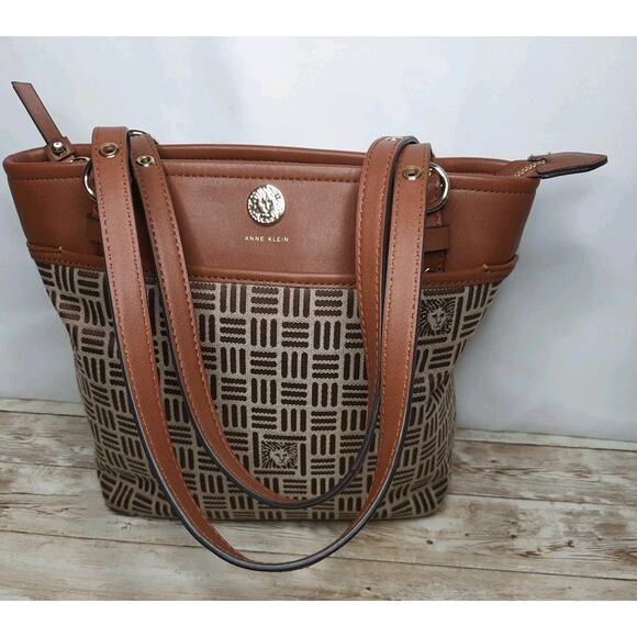 Anne Klein Tote Bag Handbag Purse Zip Top Brown/Tan Vegan Leather Canvas - Picture 15 of 15